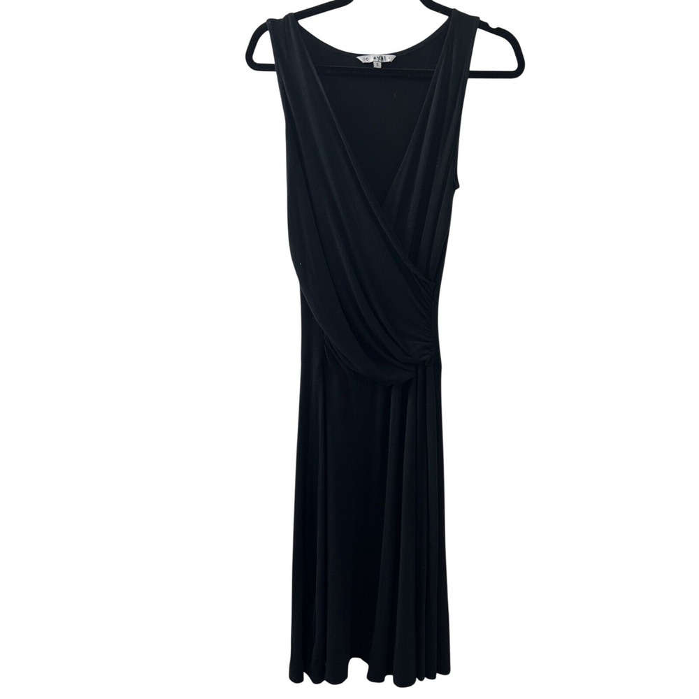 Cabi Rayon Spandex Wrap Dress S Black Sleeveless Ruched V-Neck Minimalist LBD
